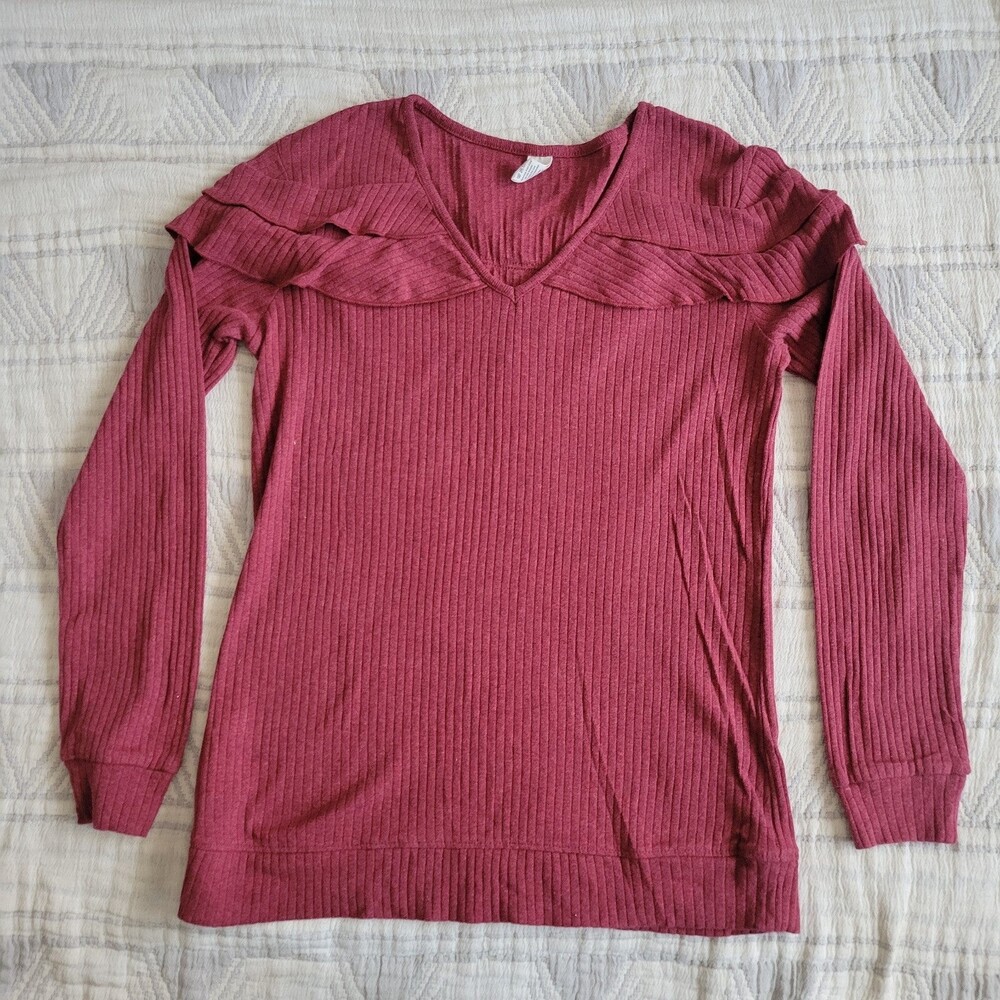 Kate Quinn Organic Cotton Ruffle‎ Shoulder Rib Knit Top Women S Berry NWOT